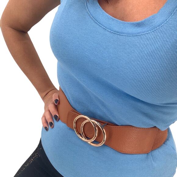 Belt Classic Faux Leather Camel Tan Interlocking Circles Circular Metal Buckle - Picture 1 of 4